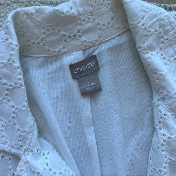 Chico’s White Blue Eyelet Linen Blend Embellished Lightweight Coat Women’s Large - Picture 8 of 9
